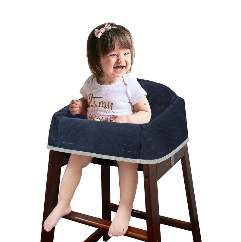 Solfres Dual-Belt Baby High Chair Cover, Upgrade Version, for Wooden or Restaurant High Chair, Sturdy and Robust Material, Waterproof Washable Stain and Slip Resistant, Navy Blue - Image 1